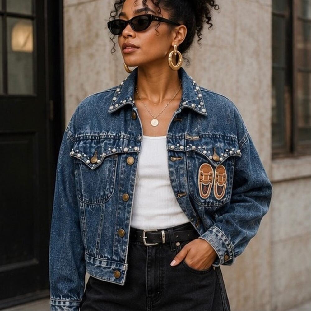 Vintage Mainwear Jeans Studded Denim Jacket Small Rhinestone Pearl Western Y2K